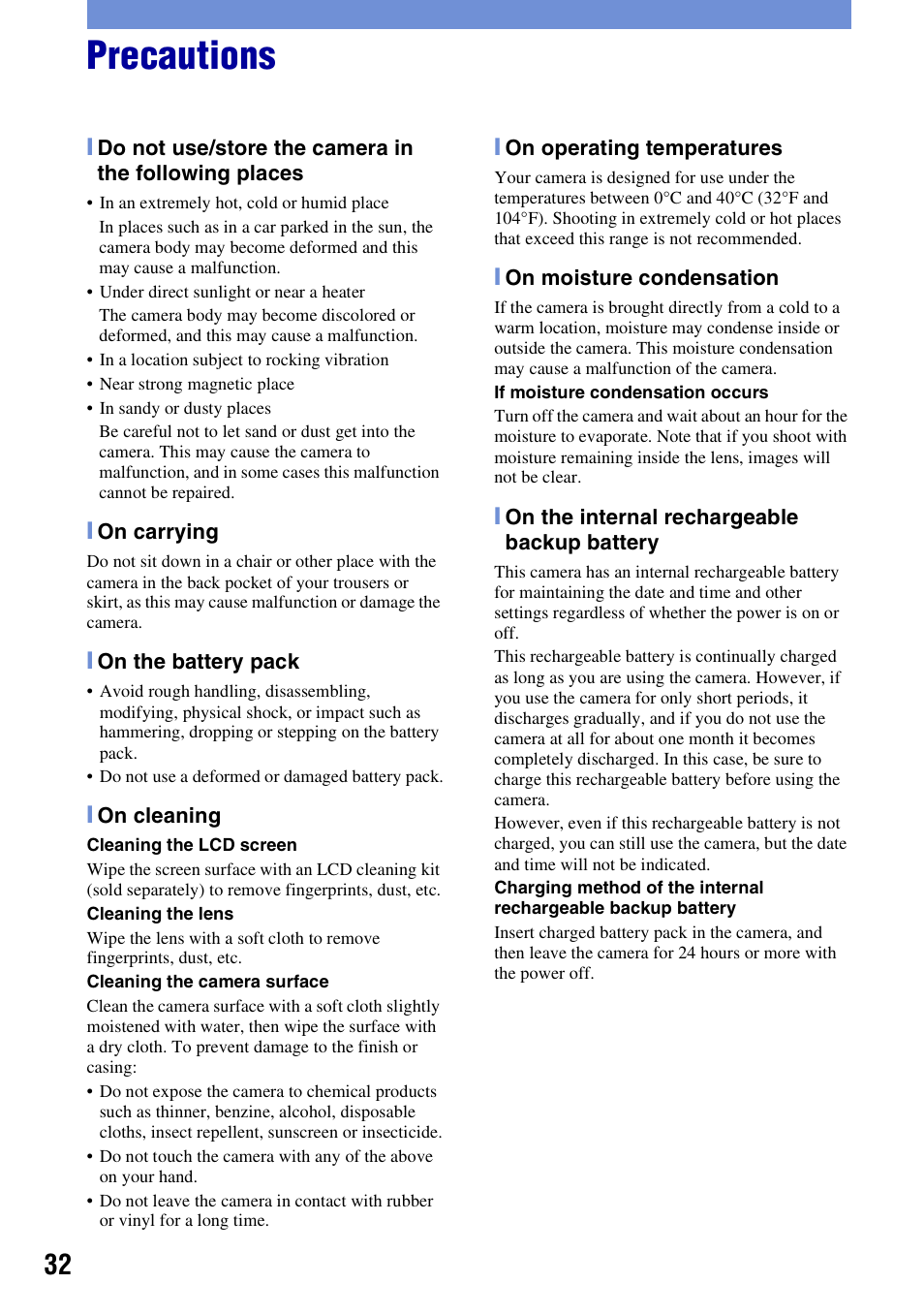 Precautions | Sony DSC-S980 User Manual | Page 32 / 72