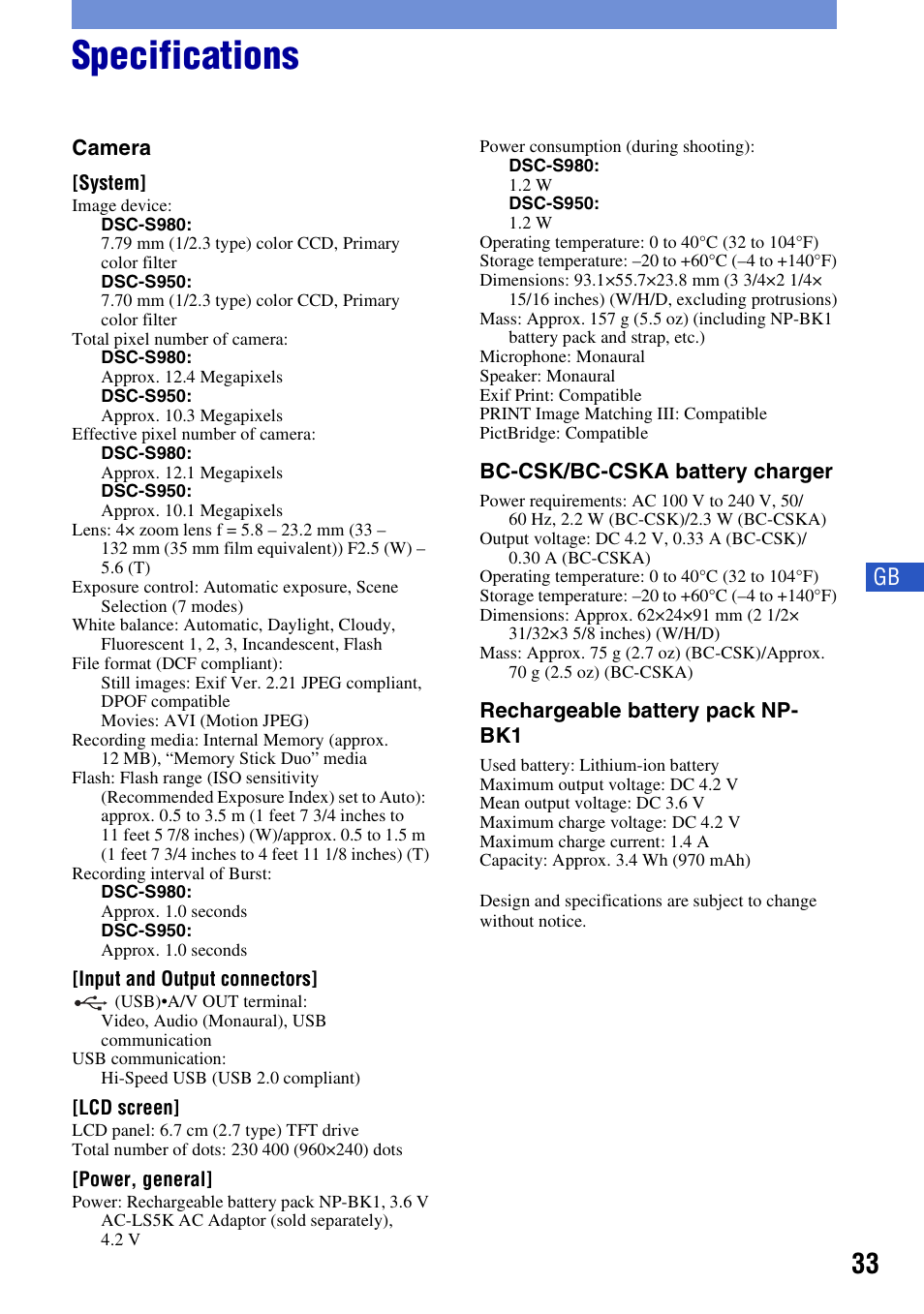 Specifications | Sony DSC-S980 User Manual | Page 33 / 72