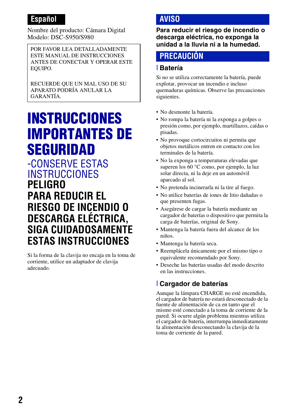 Instrucciones importantes de seguridad, Español, Aviso precaución | Sony DSC-S980 User Manual | Page 36 / 72