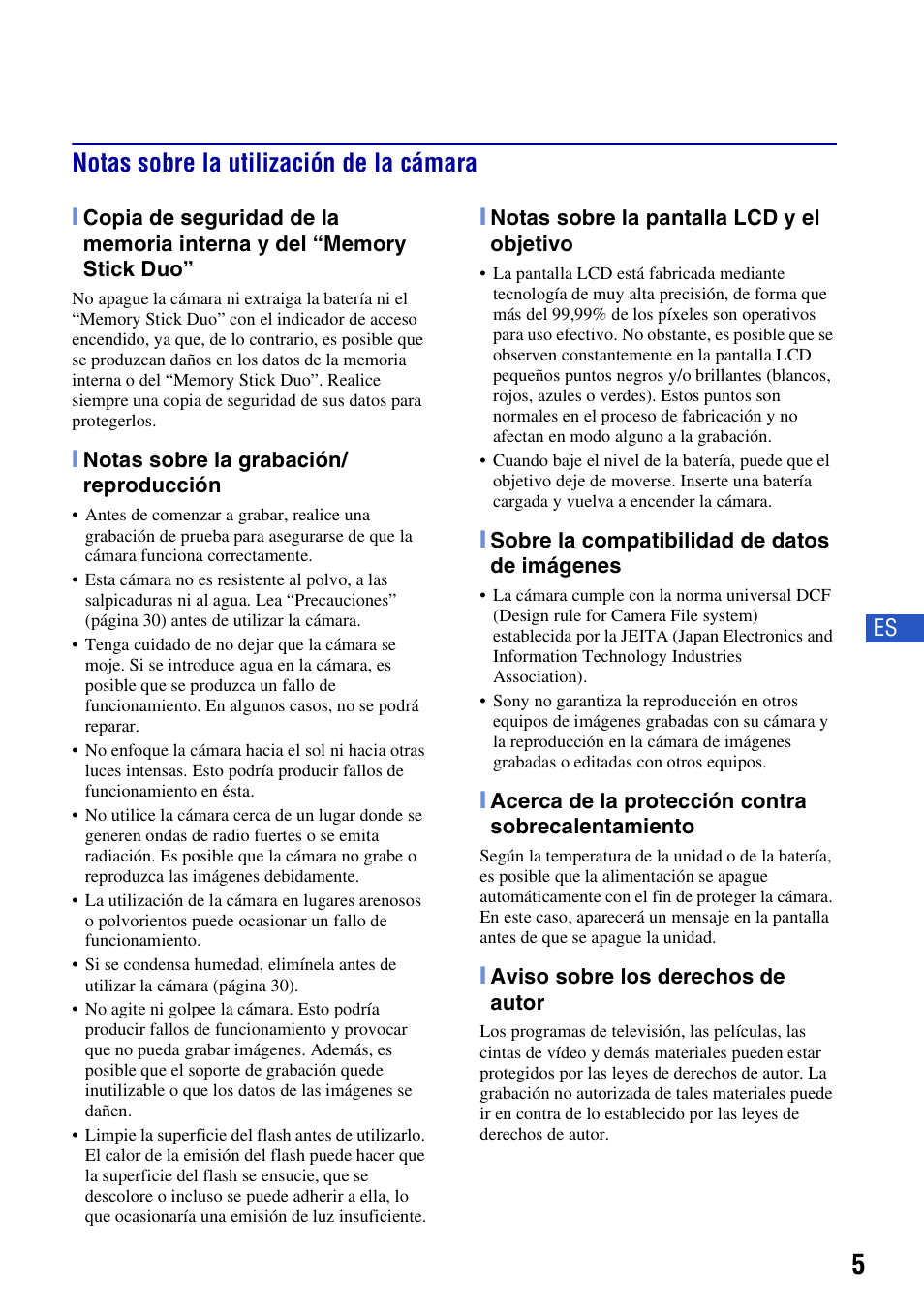 Notas sobre la utilización de la cámara | Sony DSC-S980 User Manual | Page 39 / 72