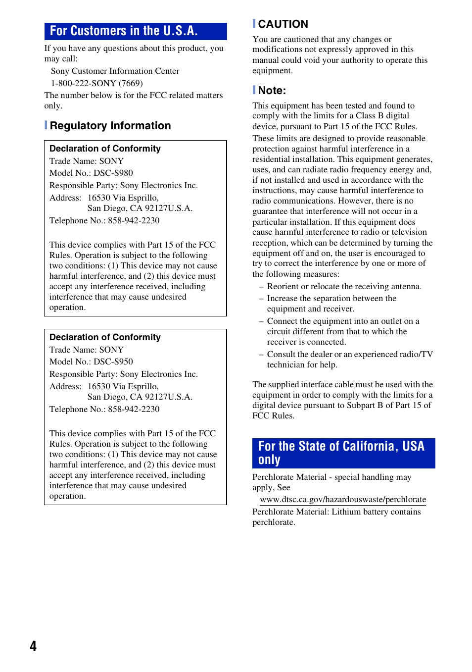 For customers in the u.s.a, For the state of california, usa only | Sony DSC-S980 User Manual | Page 4 / 72
