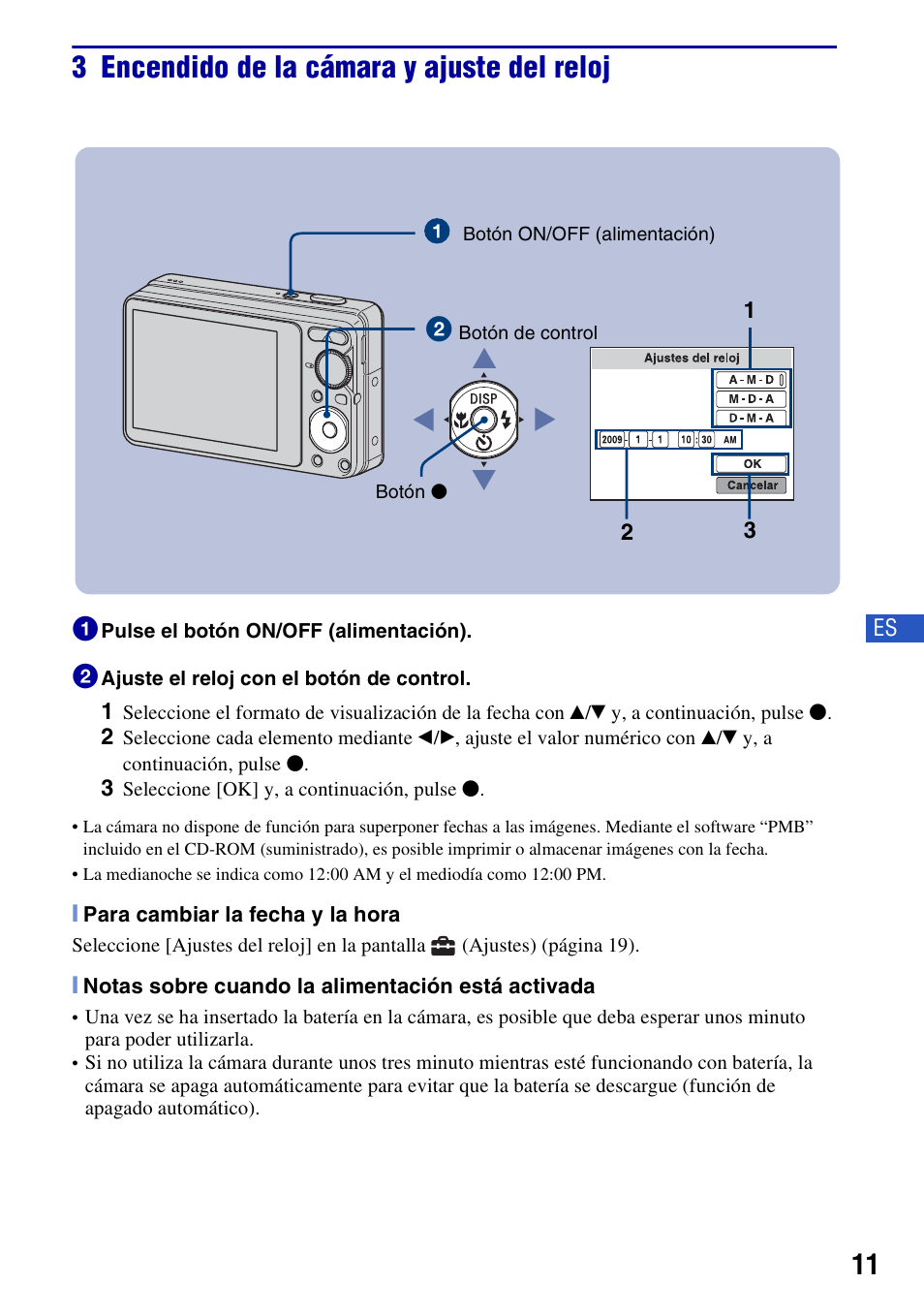 3 encendido de la cámara y ajuste del reloj | Sony DSC-S980 User Manual | Page 45 / 72