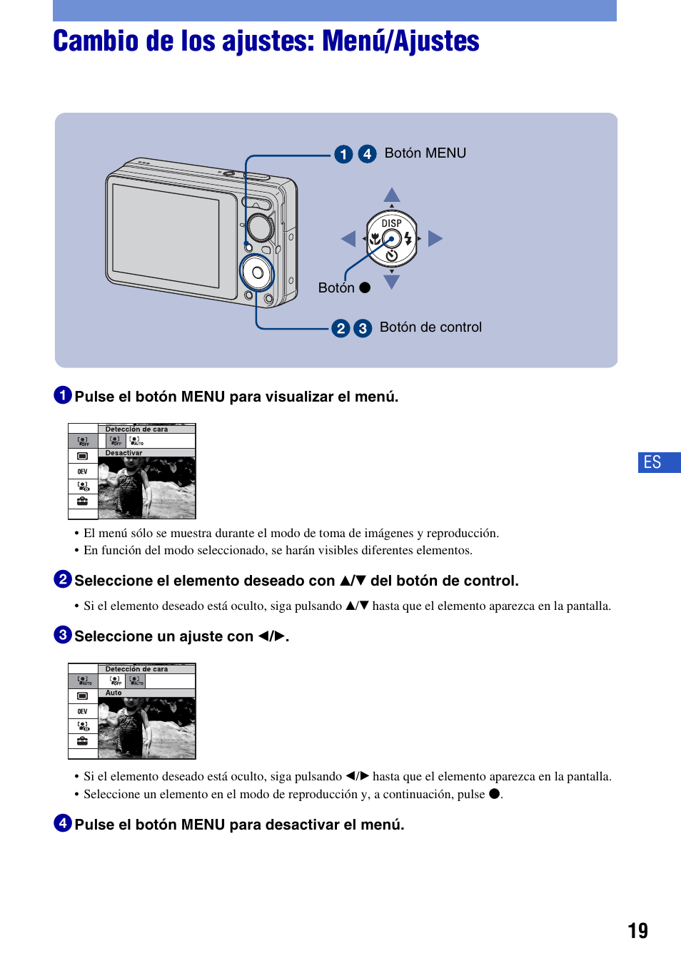 Cambio de los ajustes: menú/ajustes | Sony DSC-S980 User Manual | Page 53 / 72