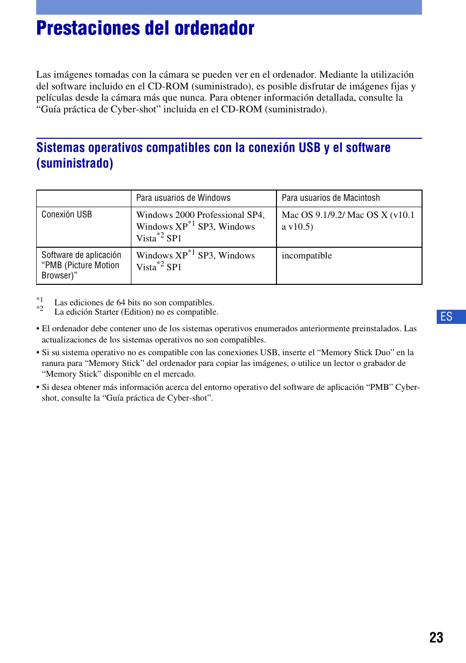 Prestaciones del ordenador | Sony DSC-S980 User Manual | Page 57 / 72