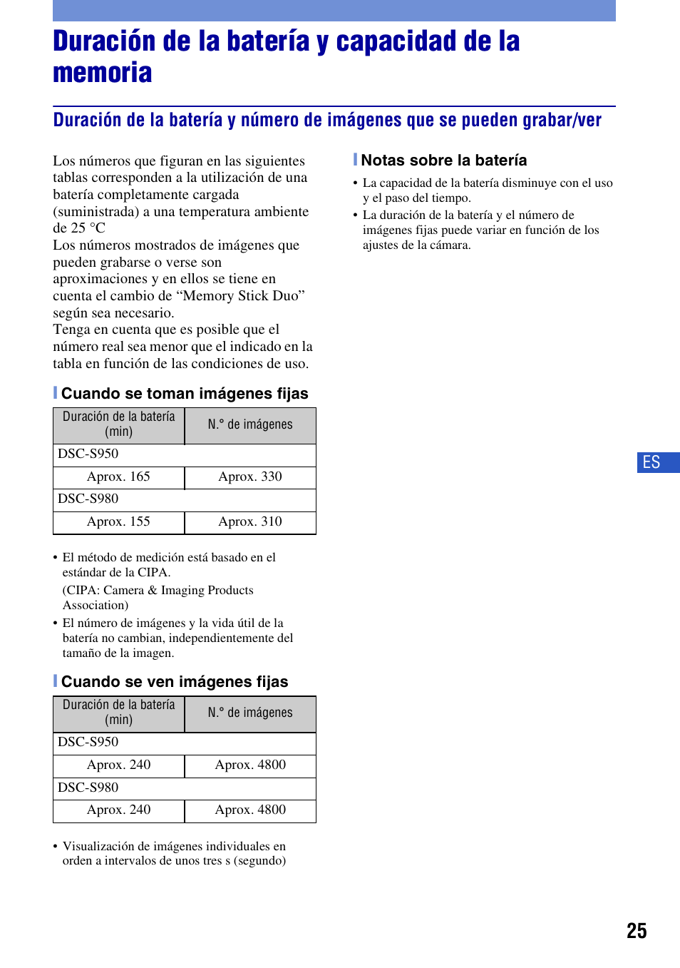 Duración de la batería y capacidad de la memoria | Sony DSC-S980 User Manual | Page 59 / 72