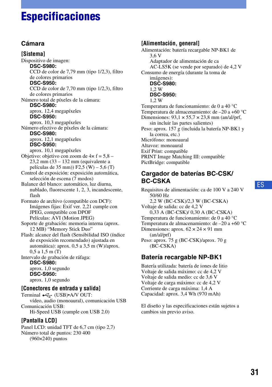 Especificaciones | Sony DSC-S980 User Manual | Page 65 / 72