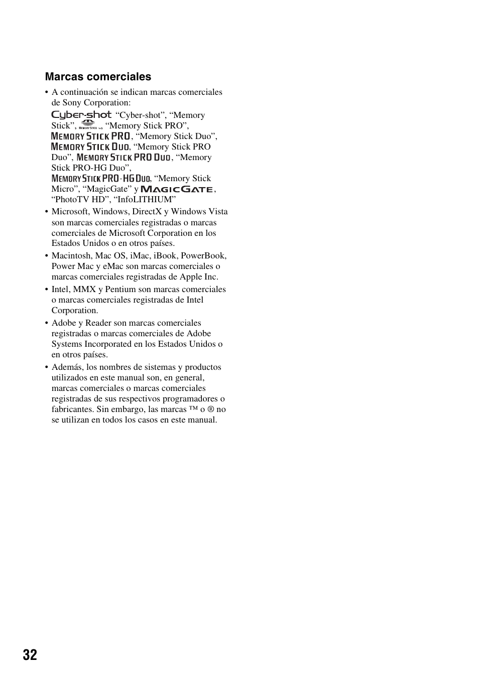 Marcas comerciales | Sony DSC-S980 User Manual | Page 66 / 72