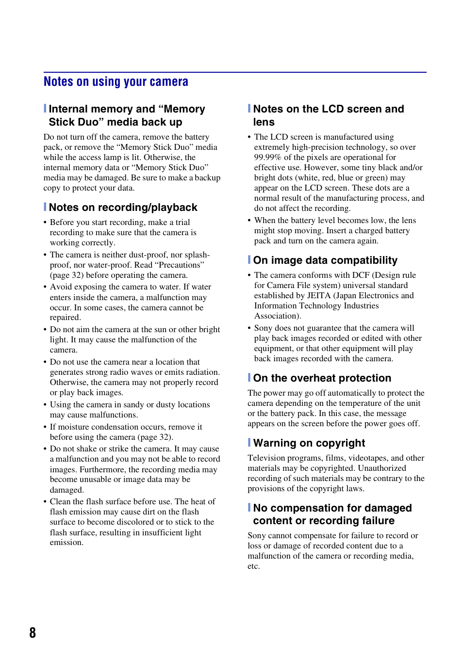 Notes on using your camera | Sony DSC-S980 User Manual | Page 8 / 72