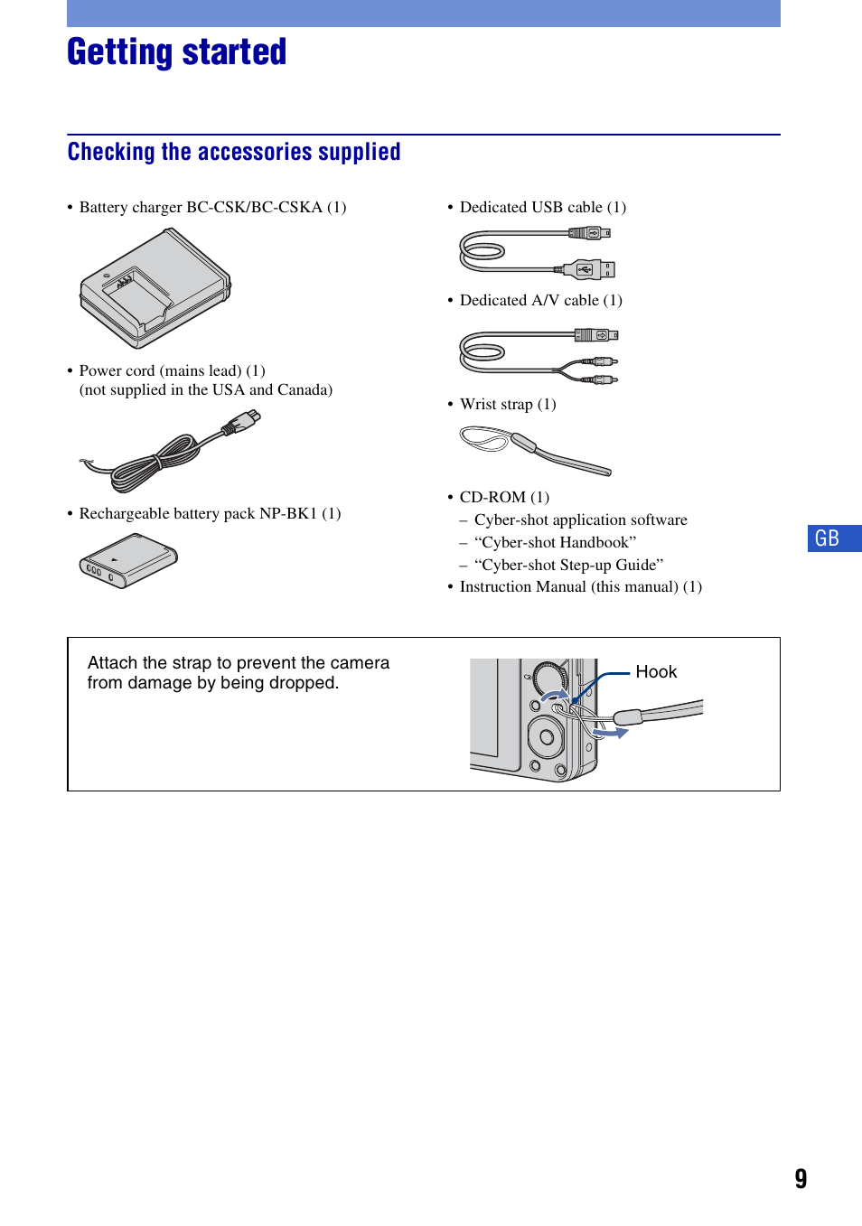 Getting started, Checking the accessories supplied | Sony DSC-S980 User Manual | Page 9 / 72