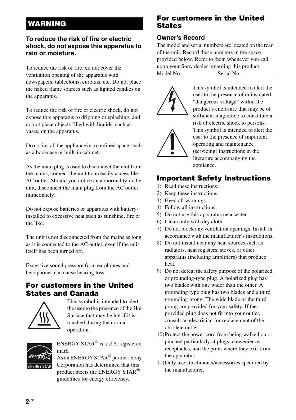 For customers in the united states and canada, For customers in the united states, Important safety instructions | Warning | Sony STR-DH500 User Manual | Page 2 / 64