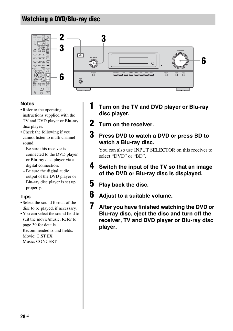Watching a dvd/blu-ray disc, Turn on the receiver, Play back the disc | Adjust to a suitable volume, Tips | Sony STR-DH500 User Manual | Page 28 / 64