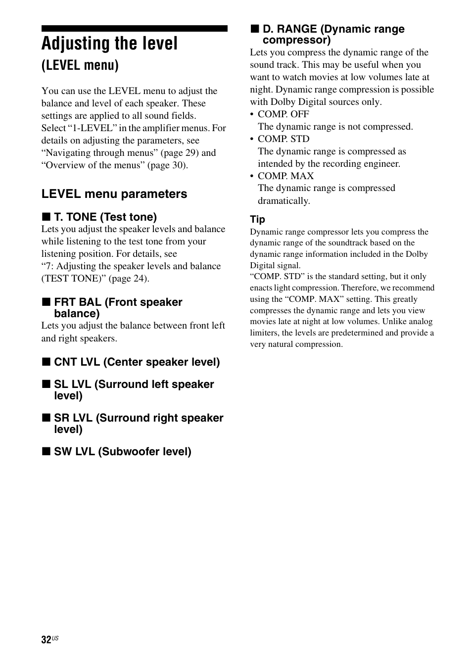 Adjusting the level (level menu), Adjusting the level, Level menu) | Sony STR-DH500 User Manual | Page 32 / 64