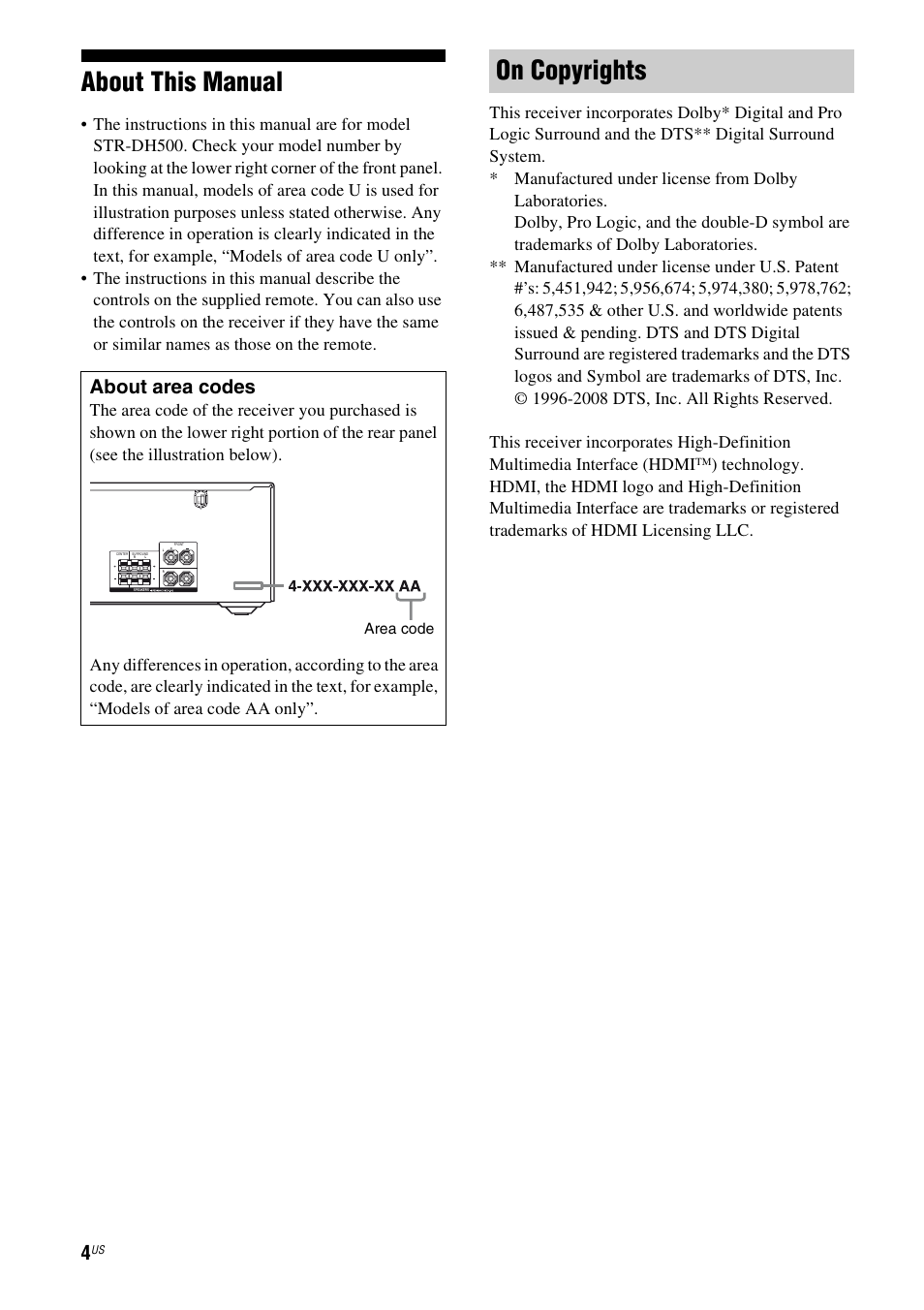 About this manual, On copyrights, About area codes | Sony STR-DH500 User Manual | Page 4 / 64