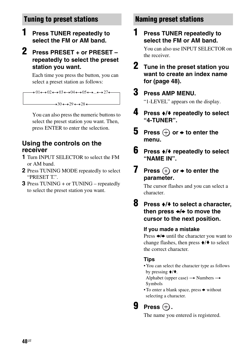 Tuning to preset stations, Naming preset stations | Sony STR-DH500 User Manual | Page 48 / 64
