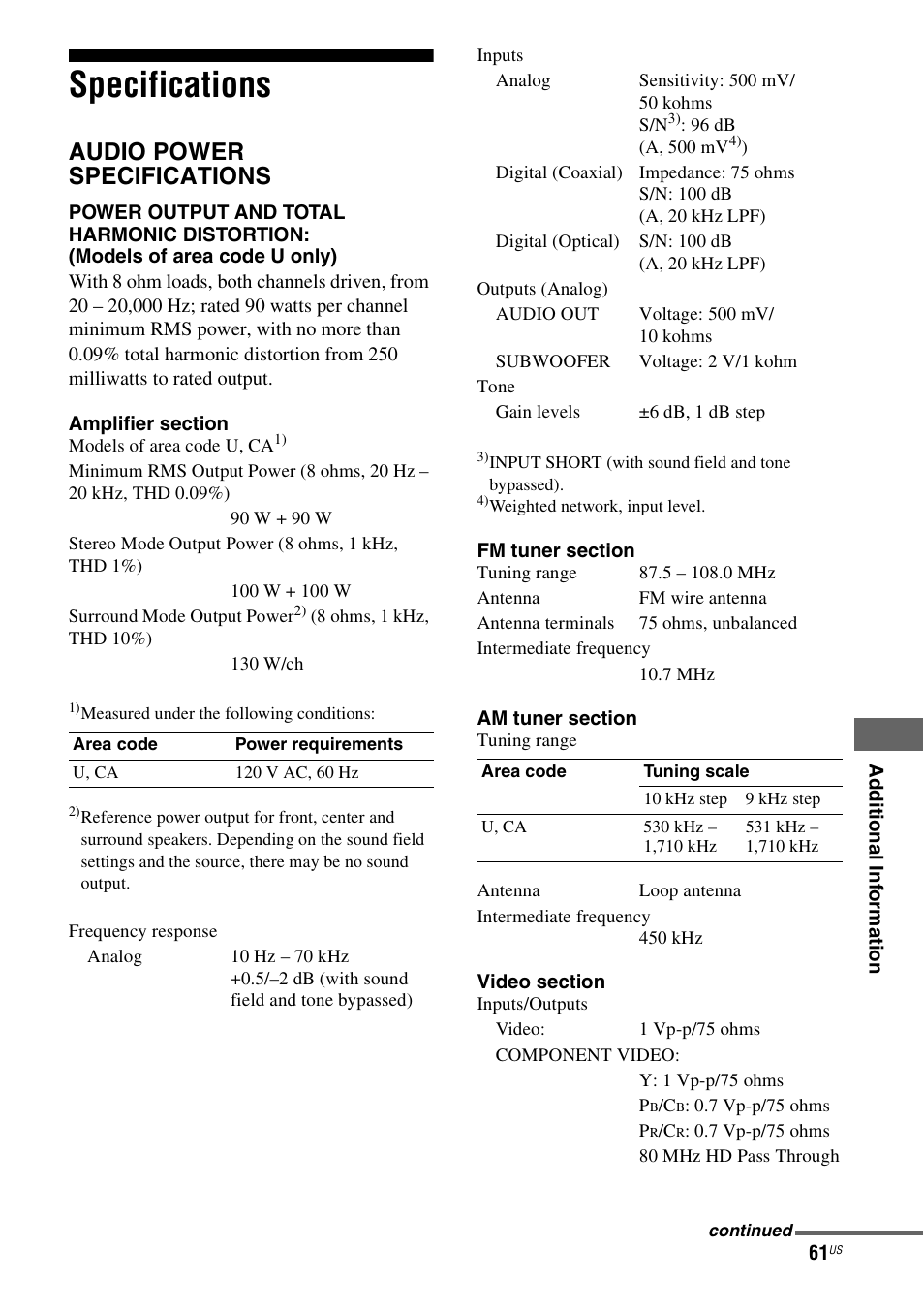 Specifications, Audio power specifications | Sony STR-DH500 User Manual | Page 61 / 64