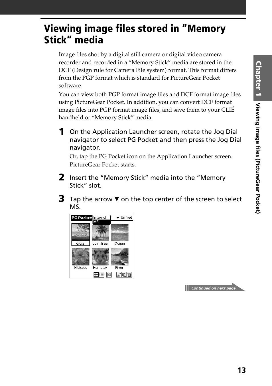 Viewing image files stored in “memory stick” media | Sony PEG-S360 User Manual | Page 13 / 40