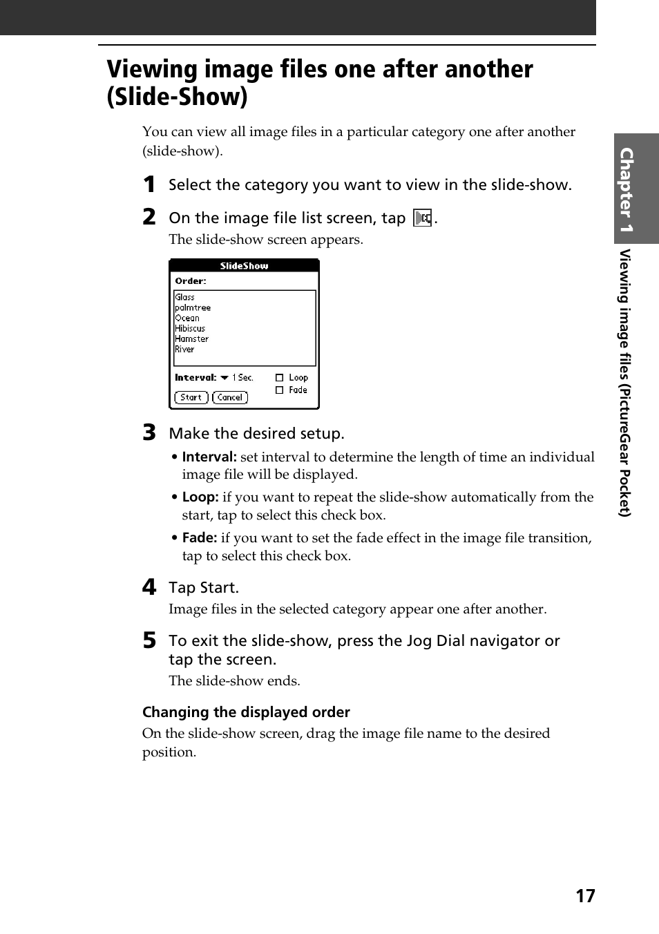 Viewing image files one after another (slide-show) | Sony PEG-S360 User Manual | Page 17 / 40