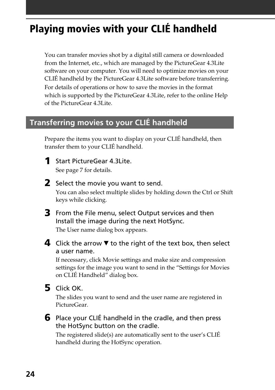 Playing movies with your clié handheld, Transferring movies to your clié handheld | Sony PEG-S360 User Manual | Page 24 / 40