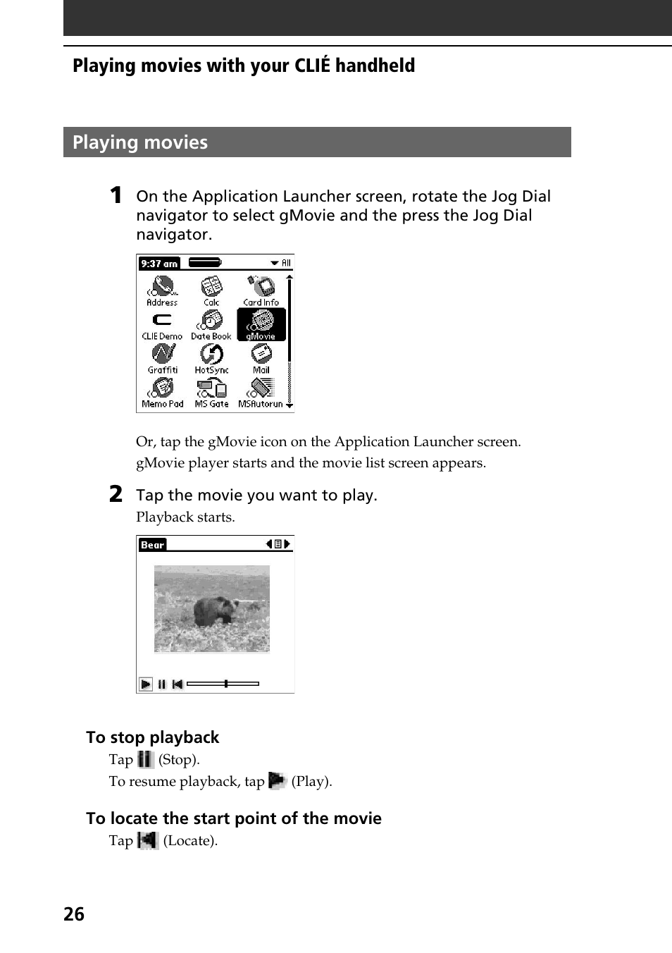 Playing movies | Sony PEG-S360 User Manual | Page 26 / 40