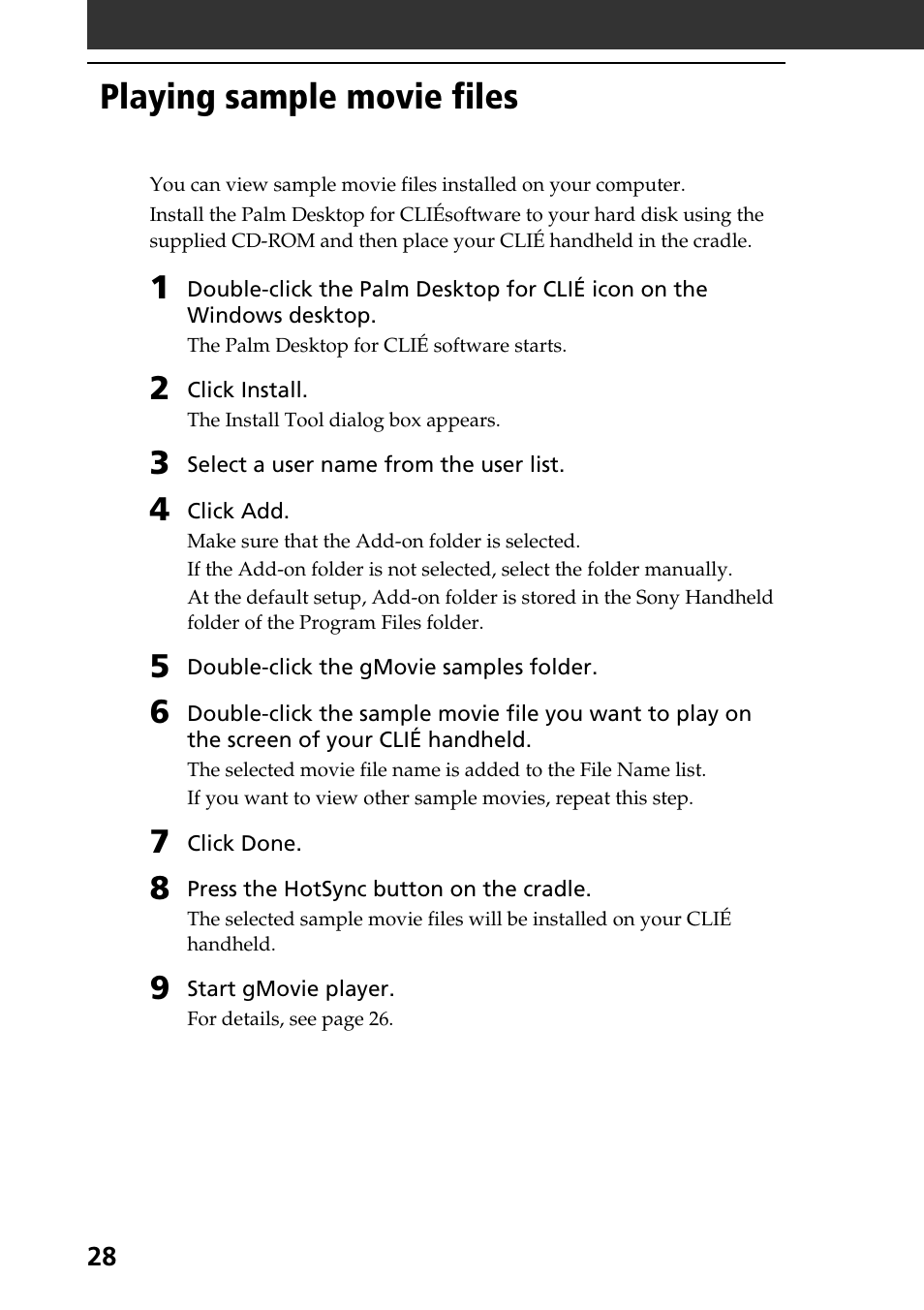 Playing sample movie files | Sony PEG-S360 User Manual | Page 28 / 40