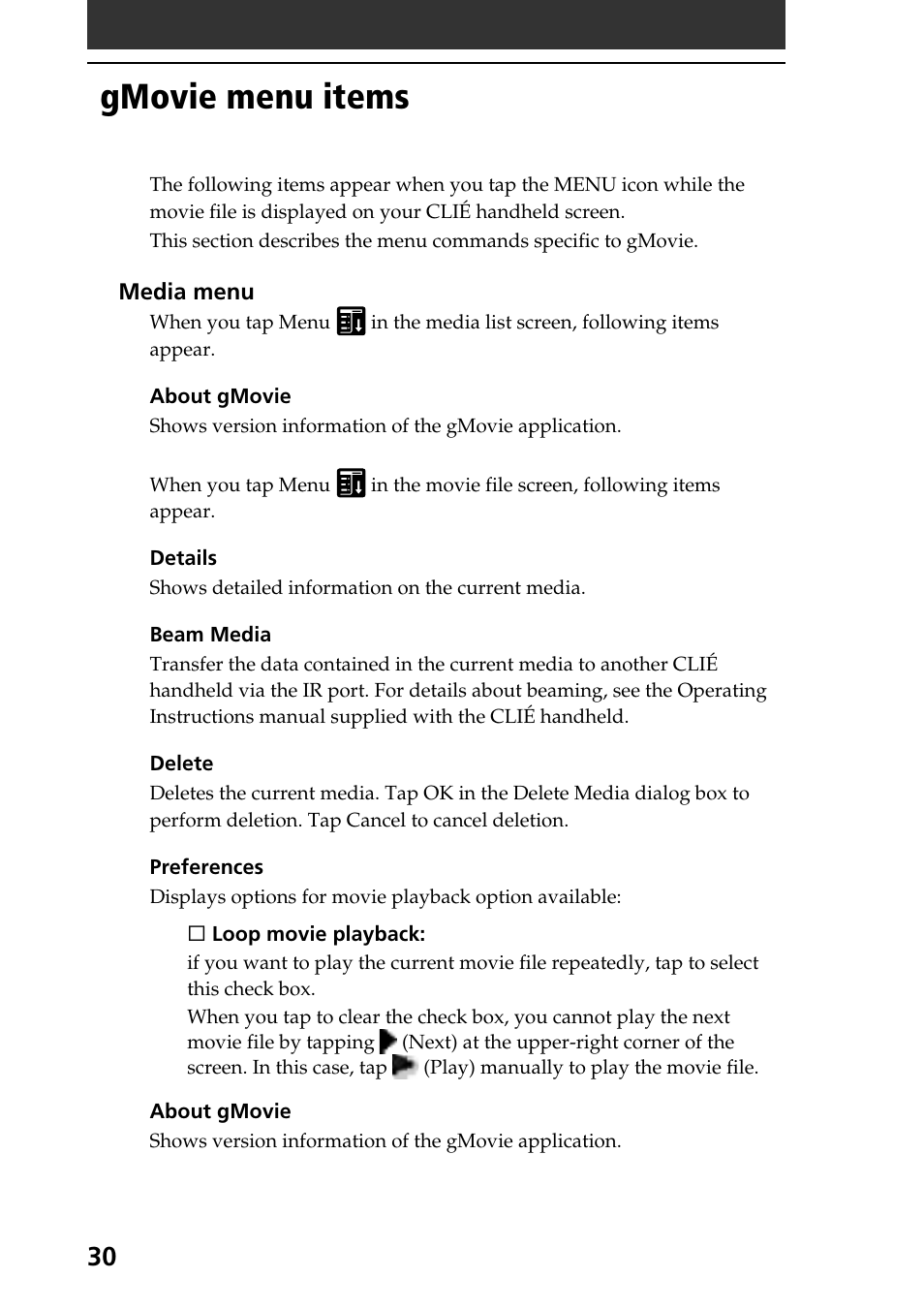 Gmovie menu items | Sony PEG-S360 User Manual | Page 30 / 40