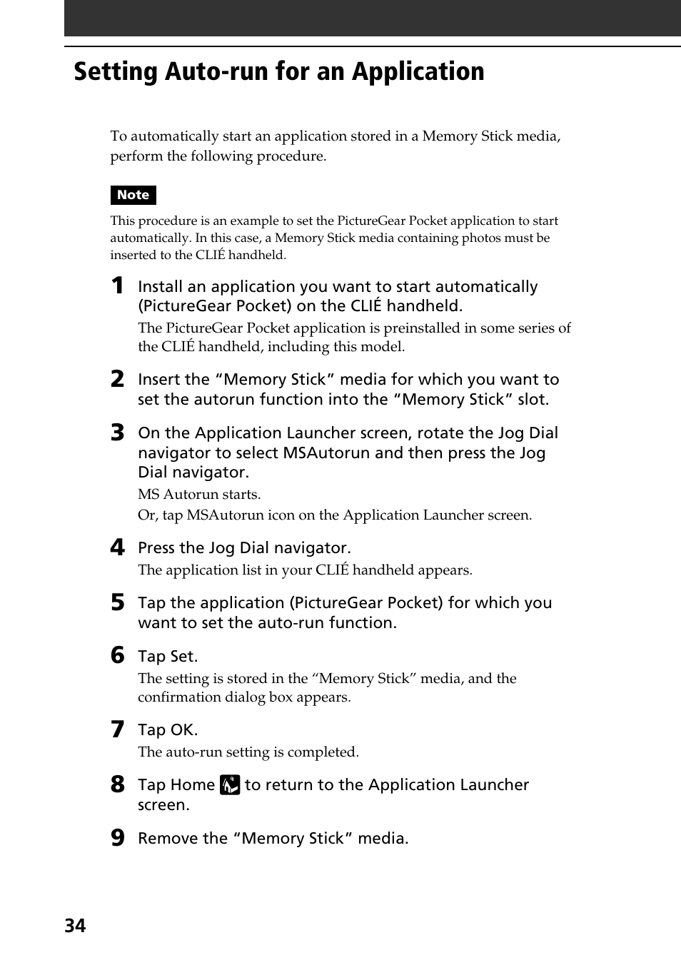 Setting auto-run for an application | Sony PEG-S360 User Manual | Page 34 / 40