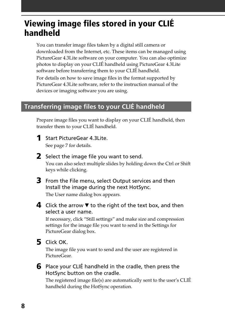 Viewing image files stored in your clié handheld, Transferring image files to your clié handheld | Sony PEG-S360 User Manual | Page 8 / 40