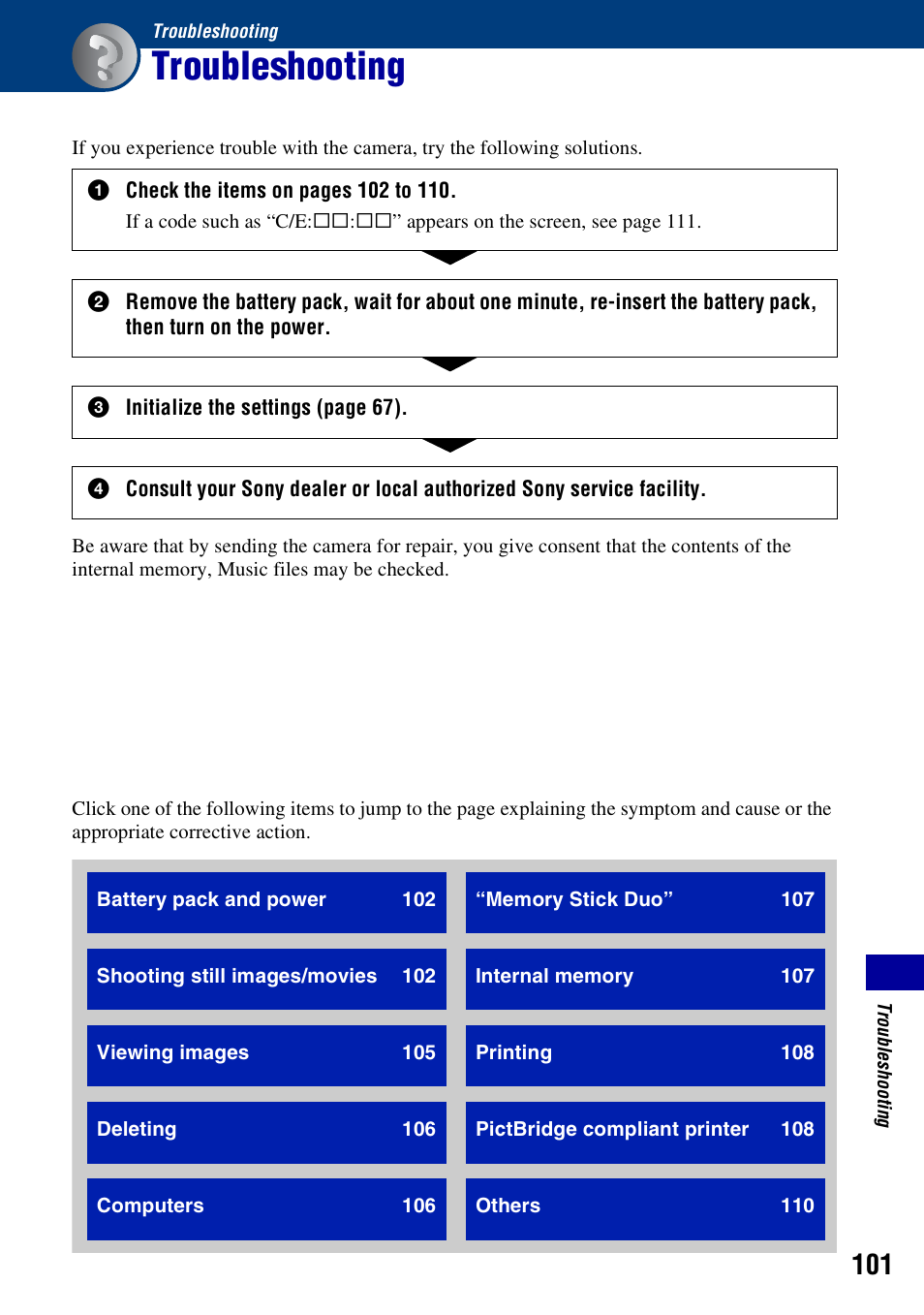 Troubleshooting | Sony DSC-H3 User Manual | Page 101 / 123