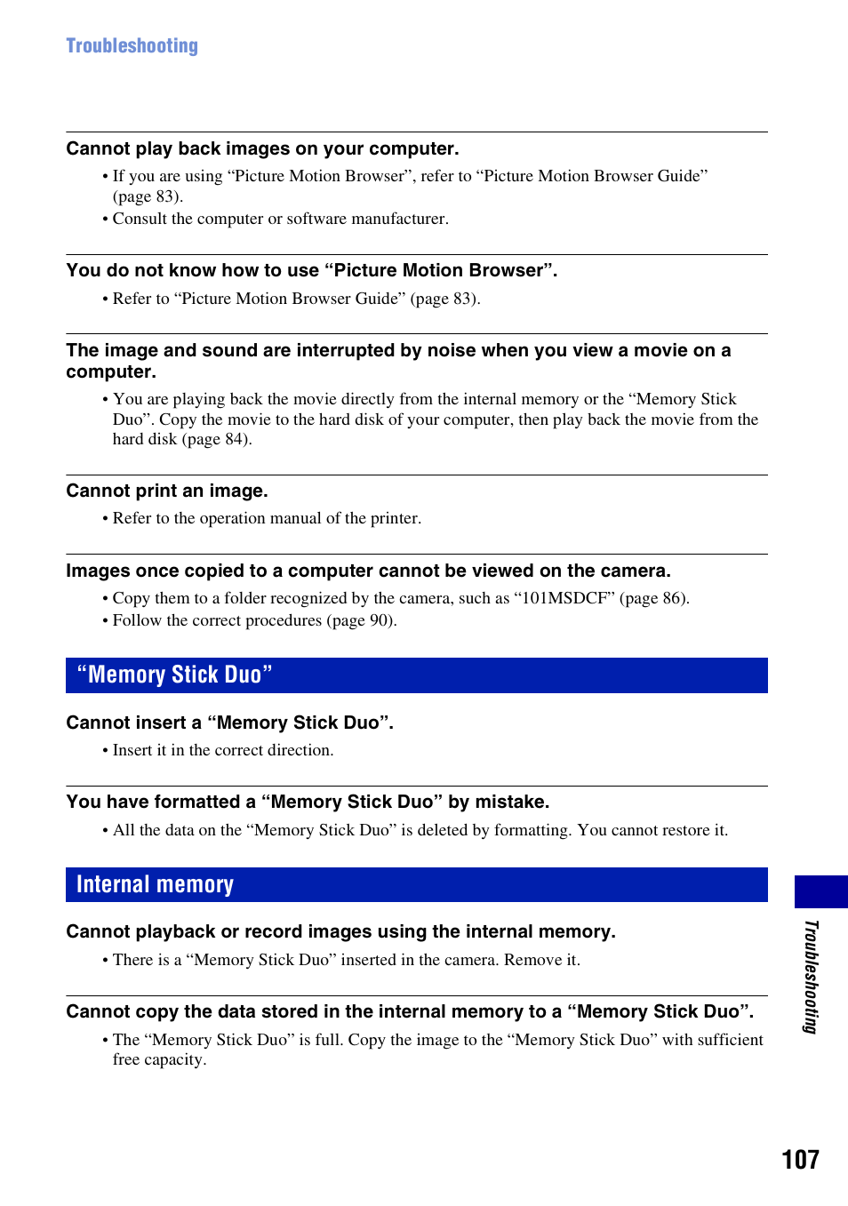 Memory stick duo, Internal memory | Sony DSC-H3 User Manual | Page 107 / 123