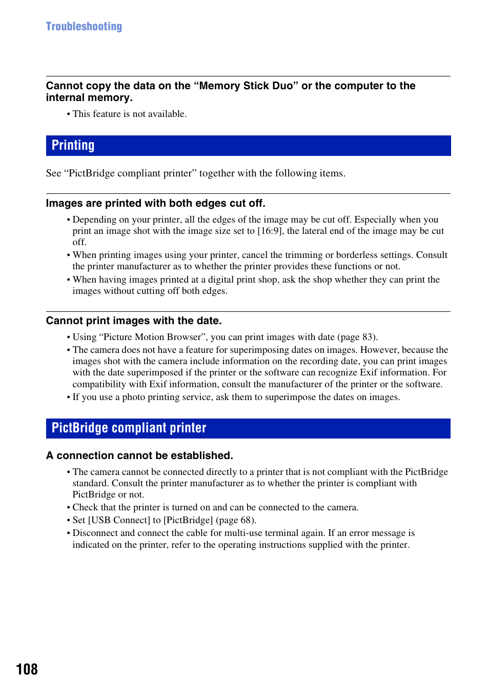 Printing, Pictbridge compliant printer, Printing pictbridge compliant printer | Sony DSC-H3 User Manual | Page 108 / 123