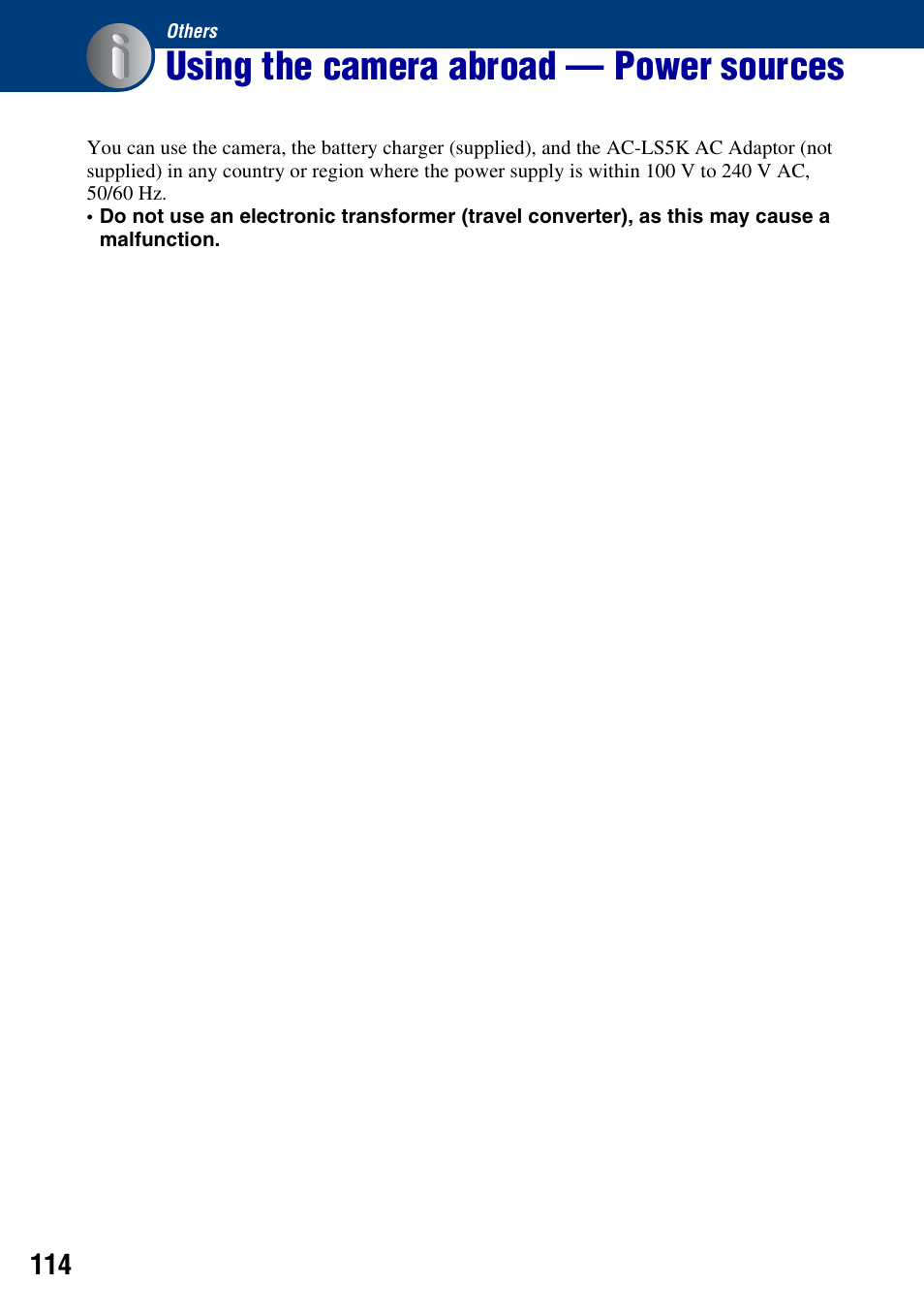 Others, Using the camera abroad - power sources, Using the camera abroad — power sources | Sony DSC-H3 User Manual | Page 114 / 123