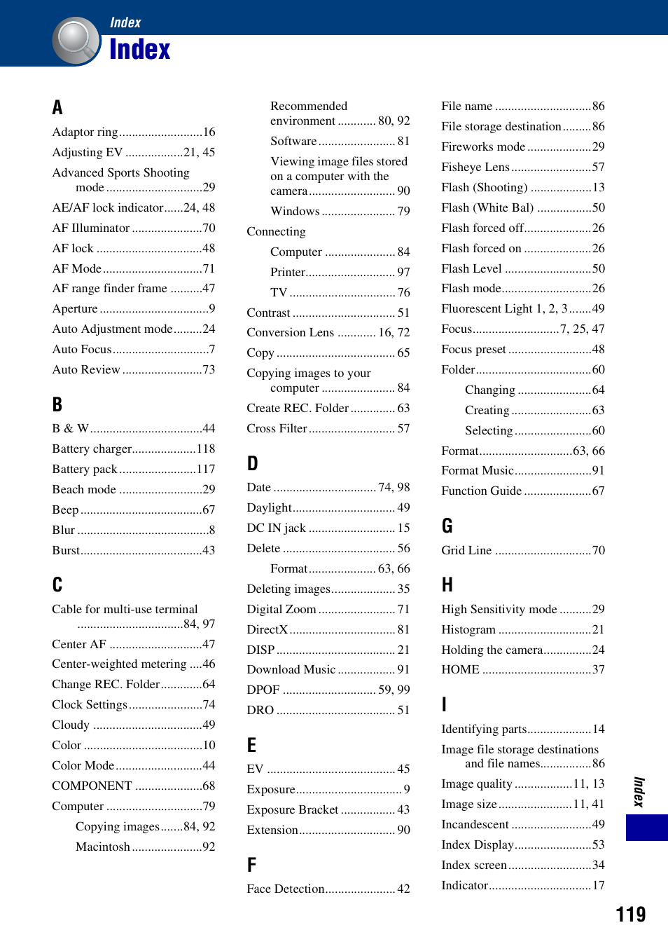 Index | Sony DSC-H3 User Manual | Page 119 / 123