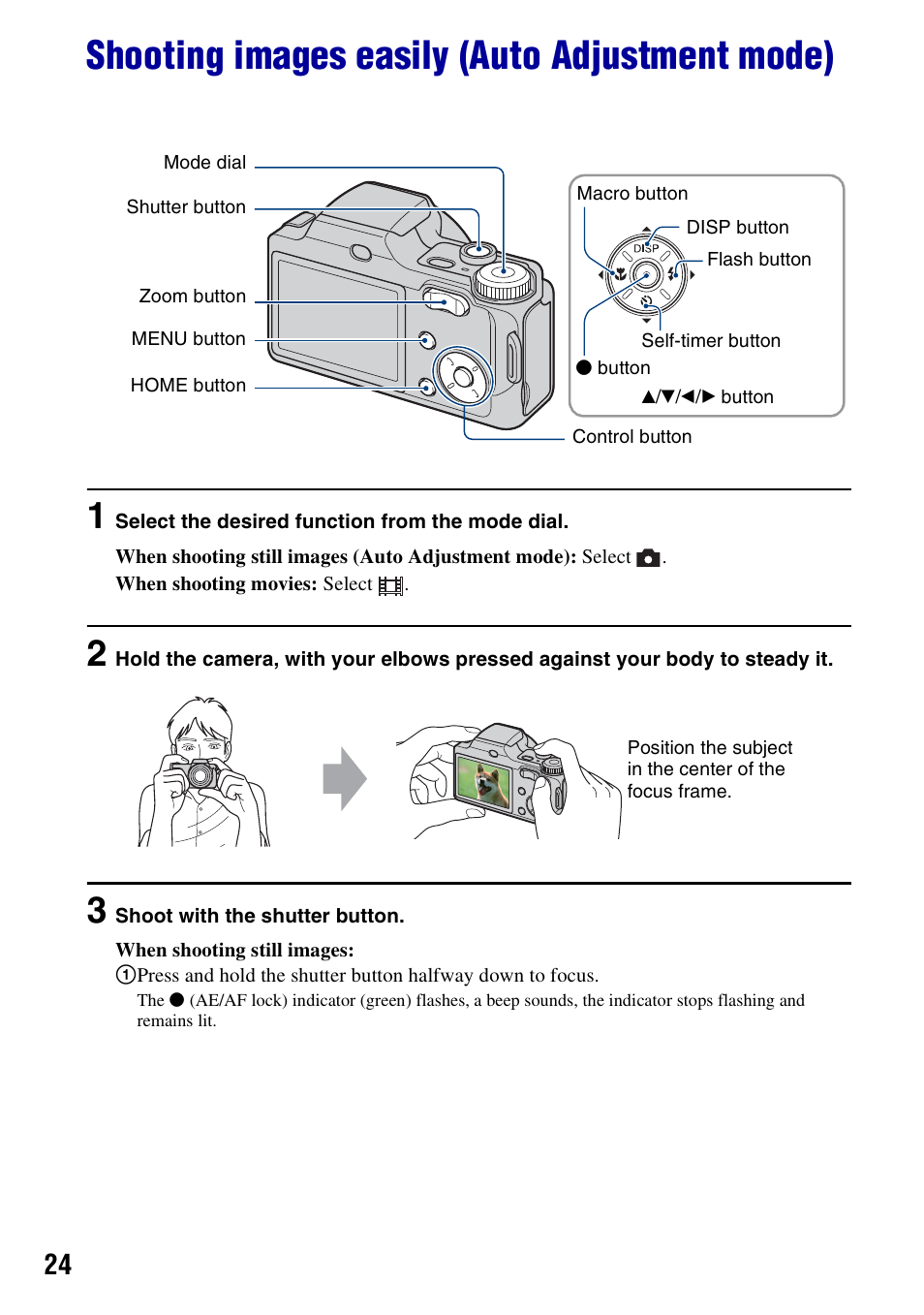 Shooting images easily (auto adjustment mode), On (24) | Sony DSC-H3 User Manual | Page 24 / 123