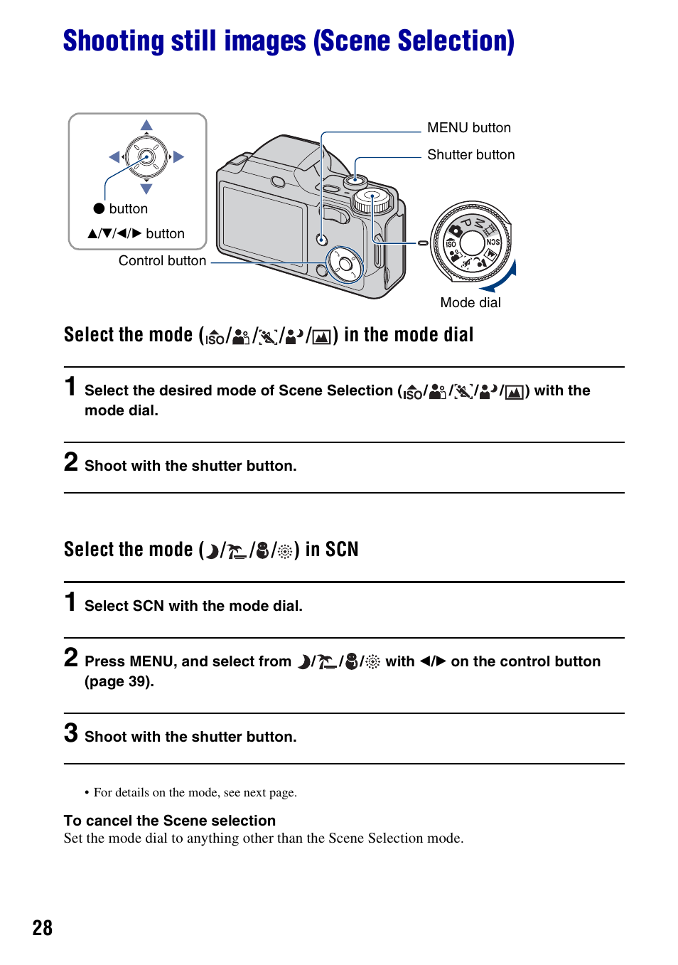 Shooting still images (scene selection) | Sony DSC-H3 User Manual | Page 28 / 123