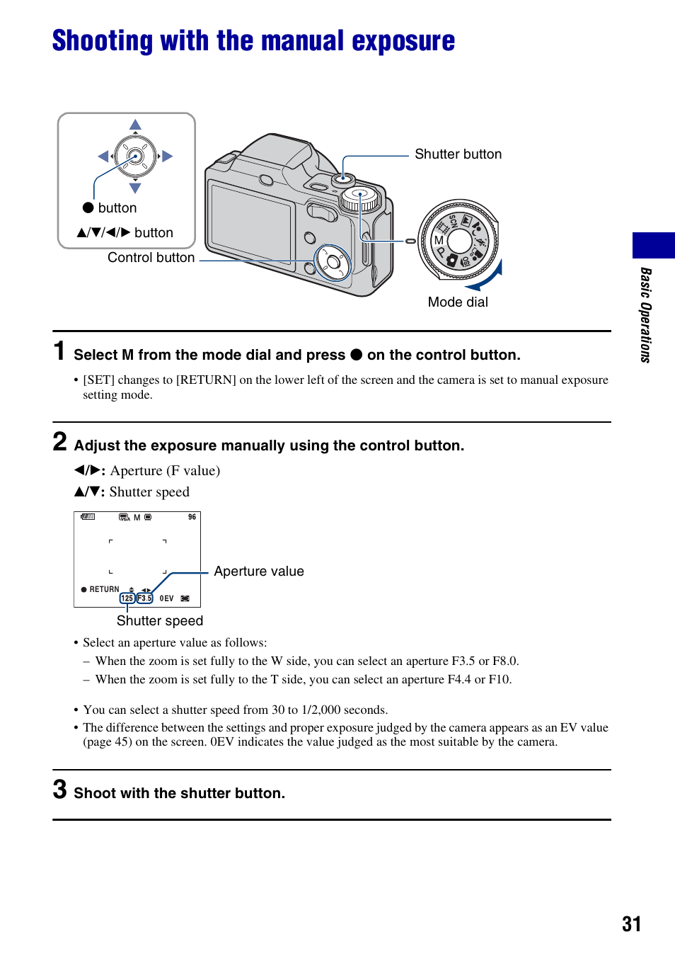 Shooting with the manual exposure | Sony DSC-H3 User Manual | Page 31 / 123