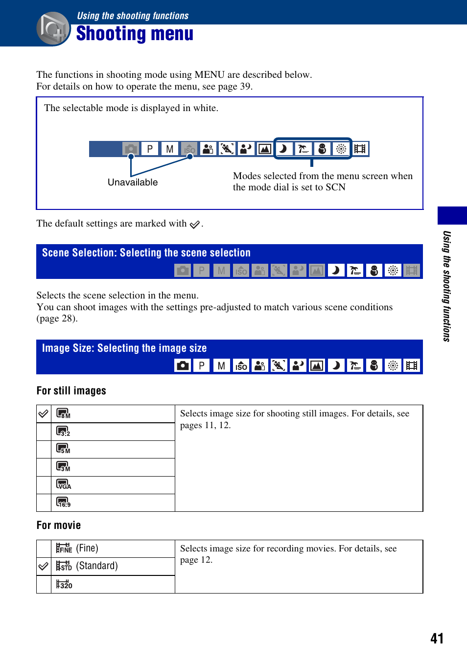 Using the shooting functions, Shooting menu, Scene selection: selecting the scene selection | Image size: selecting the image size | Sony DSC-H3 User Manual | Page 41 / 123