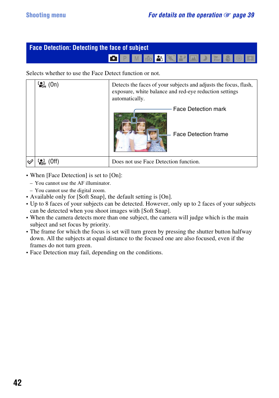 Face detection: detecting the face of subject | Sony DSC-H3 User Manual | Page 42 / 123