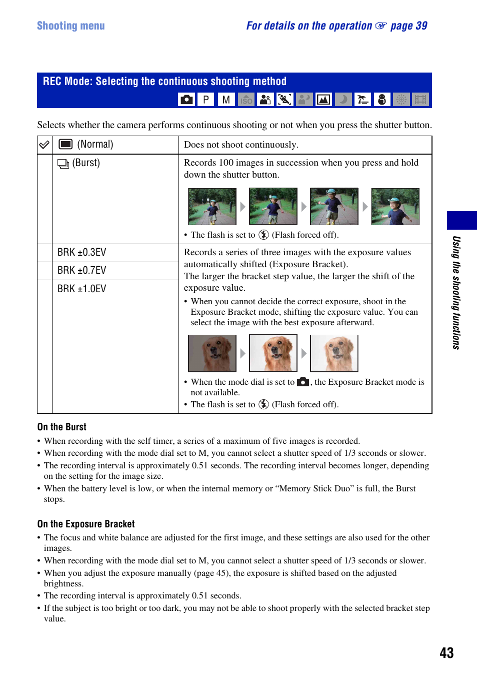 Rec mode: selecting the continuous shooting method | Sony DSC-H3 User Manual | Page 43 / 123