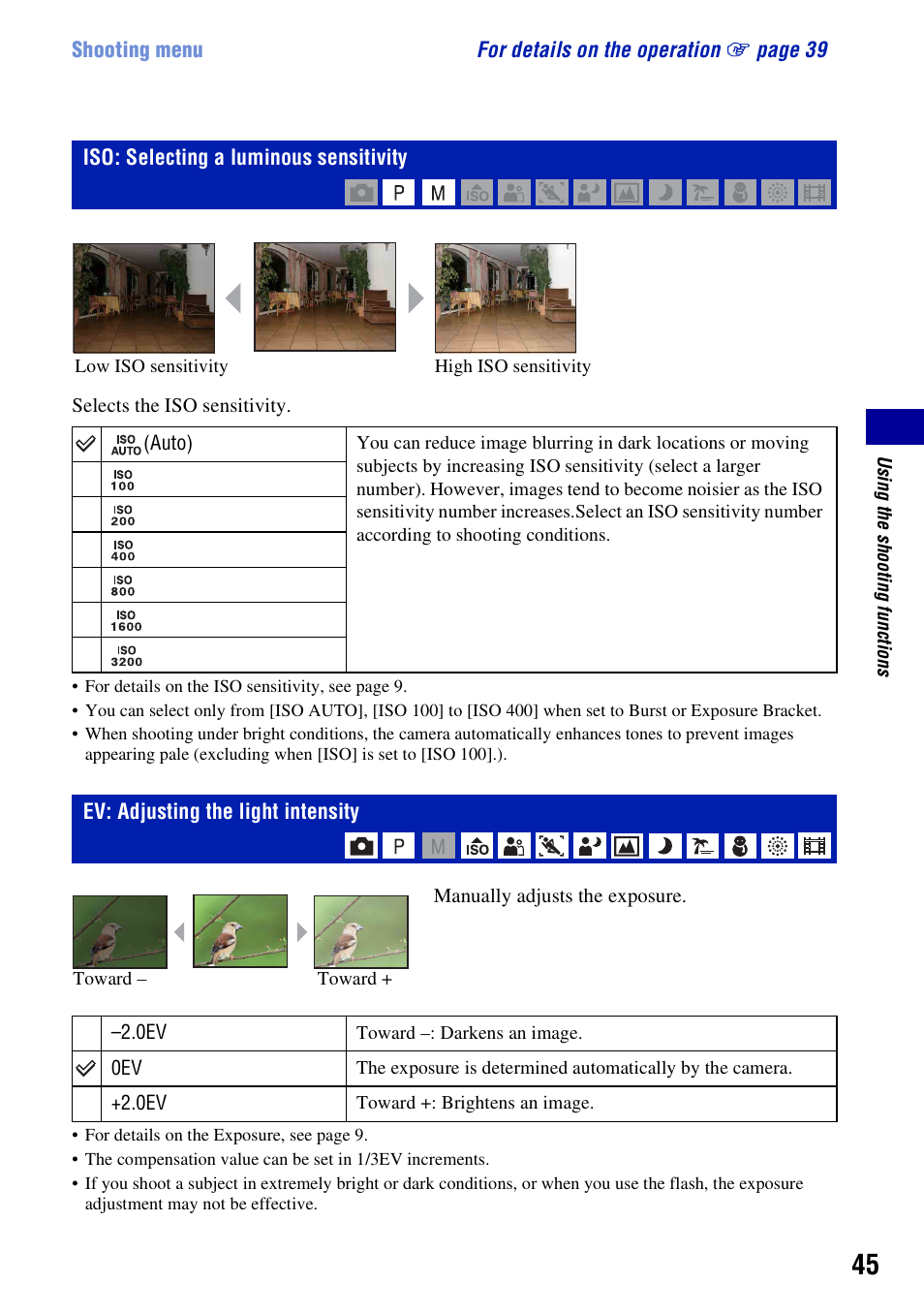 Iso: selecting a luminous sensitivity, Ev: adjusting the light intensity, Er (45) | Sony DSC-H3 User Manual | Page 45 / 123