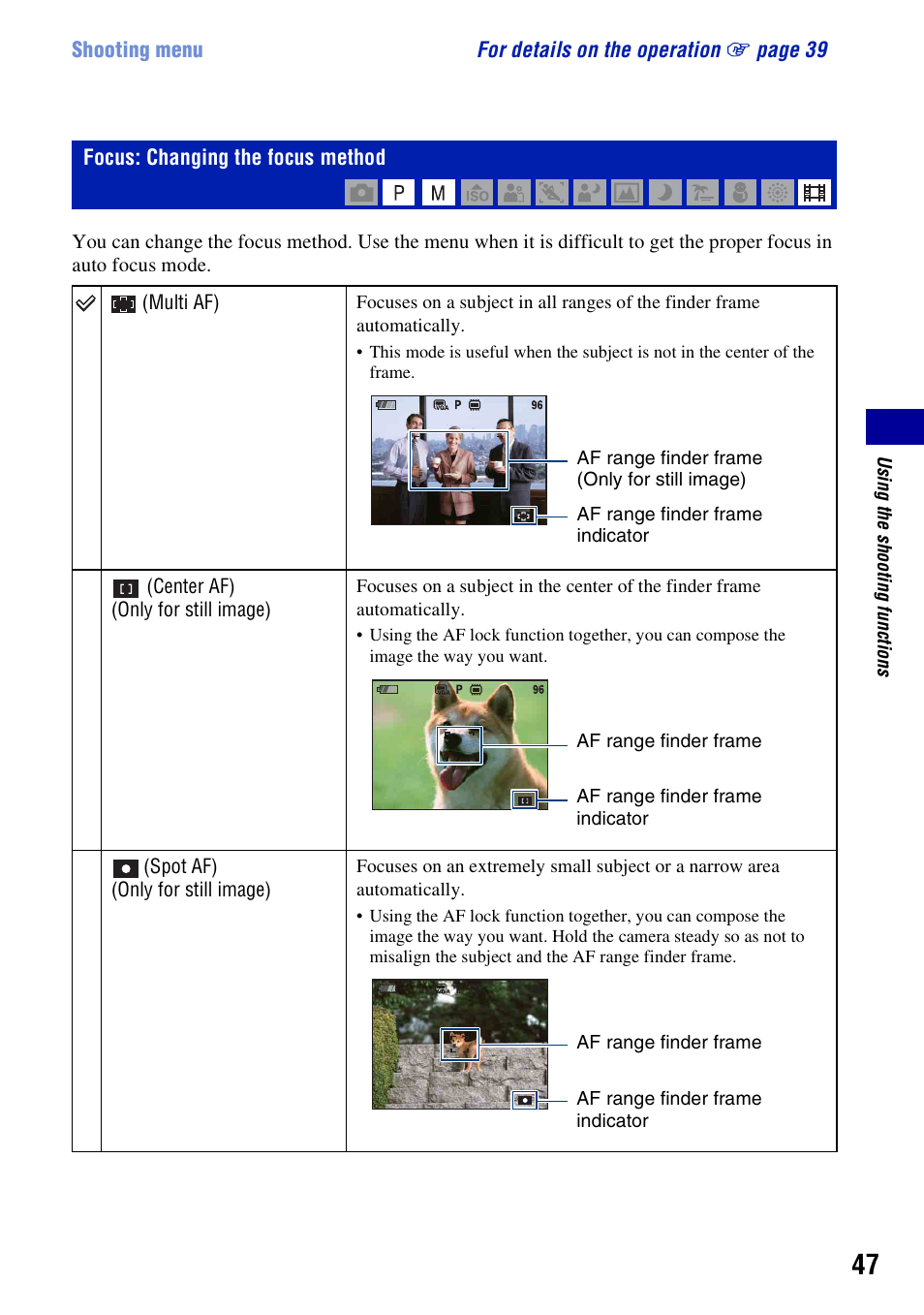 Focus: changing the focus method | Sony DSC-H3 User Manual | Page 47 / 123