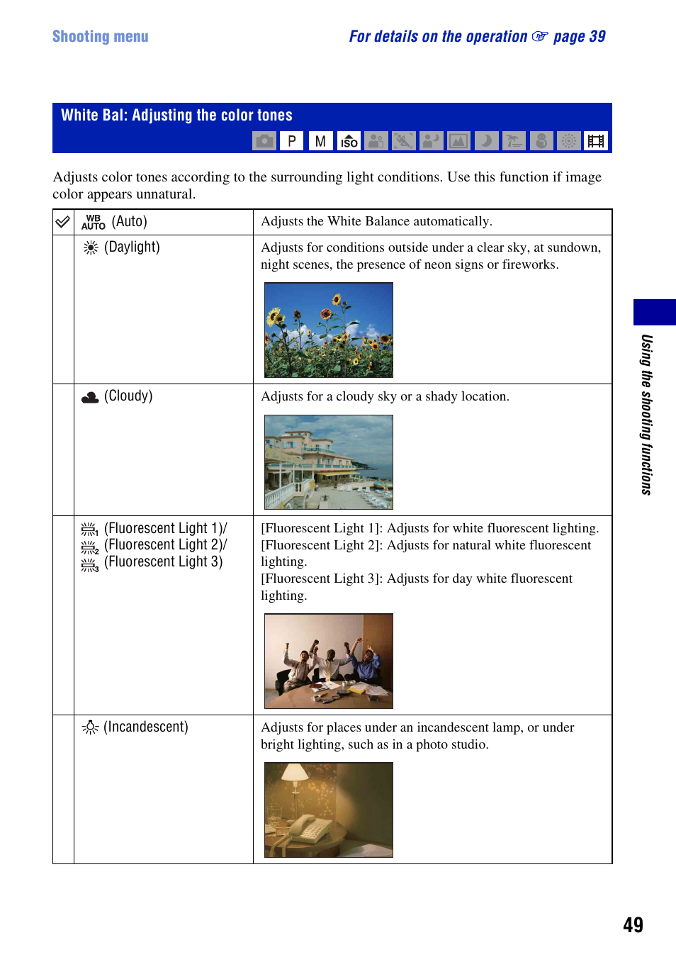 White bal: adjusting the color tones | Sony DSC-H3 User Manual | Page 49 / 123