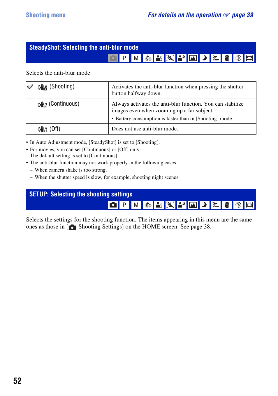 Steadyshot: selecting the anti-blur mode, Setup: selecting the shooting settings | Sony DSC-H3 User Manual | Page 52 / 123