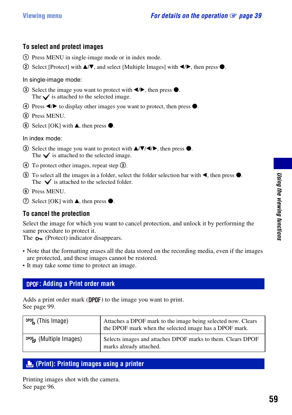 Dpof: adding a print order mark, Print: printing images using a printer, Adding a print order mark | Print): printing images using a printer | Sony DSC-H3 User Manual | Page 59 / 123