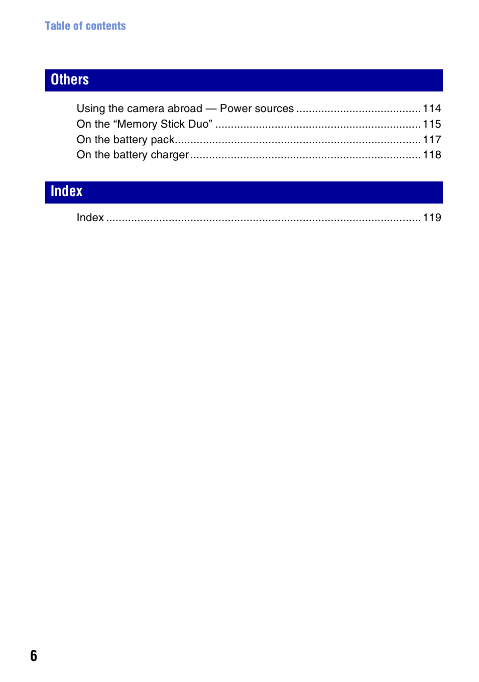 Others index | Sony DSC-H3 User Manual | Page 6 / 123