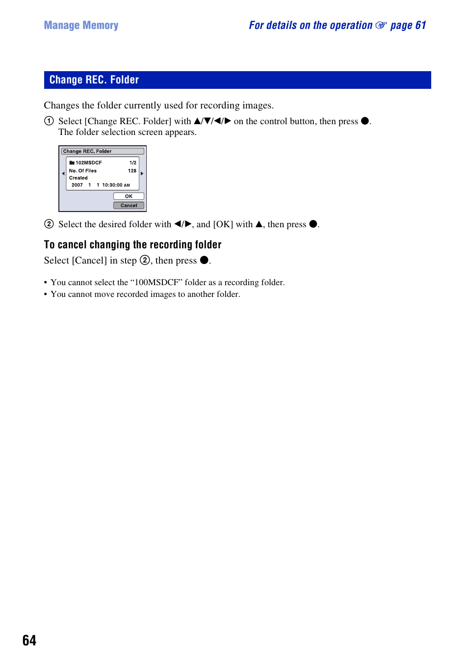 Change rec. folder | Sony DSC-H3 User Manual | Page 64 / 123