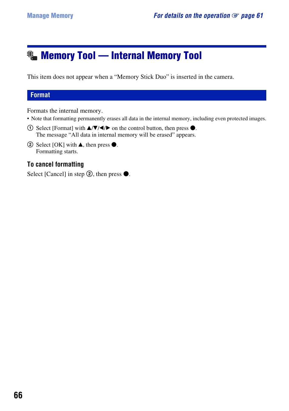 Memory tool - internal memory tool, Format, Memory tool — internal memory tool | Sony DSC-H3 User Manual | Page 66 / 123