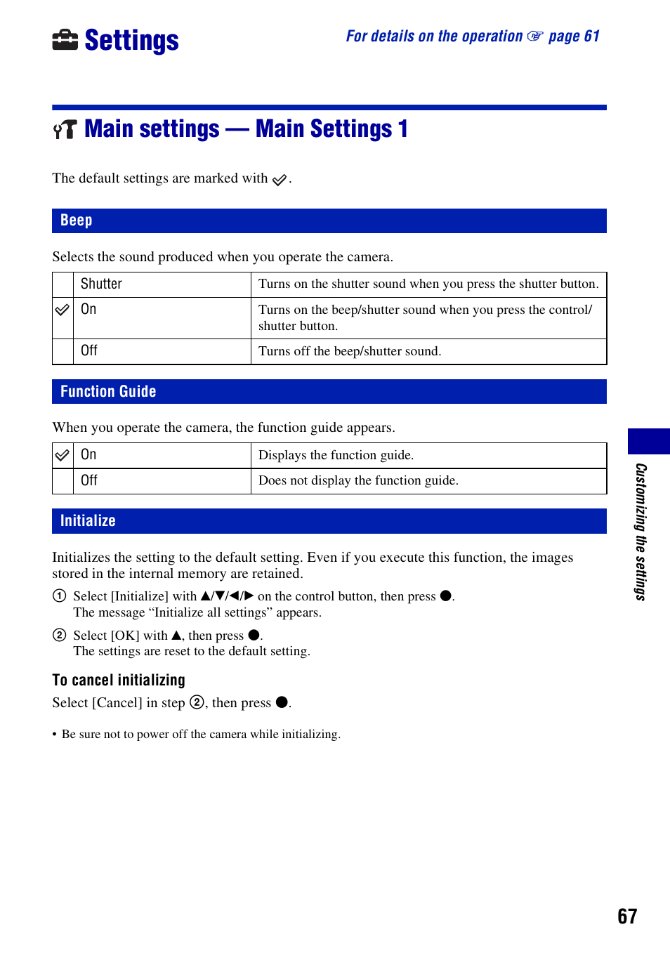 Settings, Main settings - main settings 1, Beep | Function guide, Initialize, Main settings — main settings 1, Beep function guide | Sony DSC-H3 User Manual | Page 67 / 123