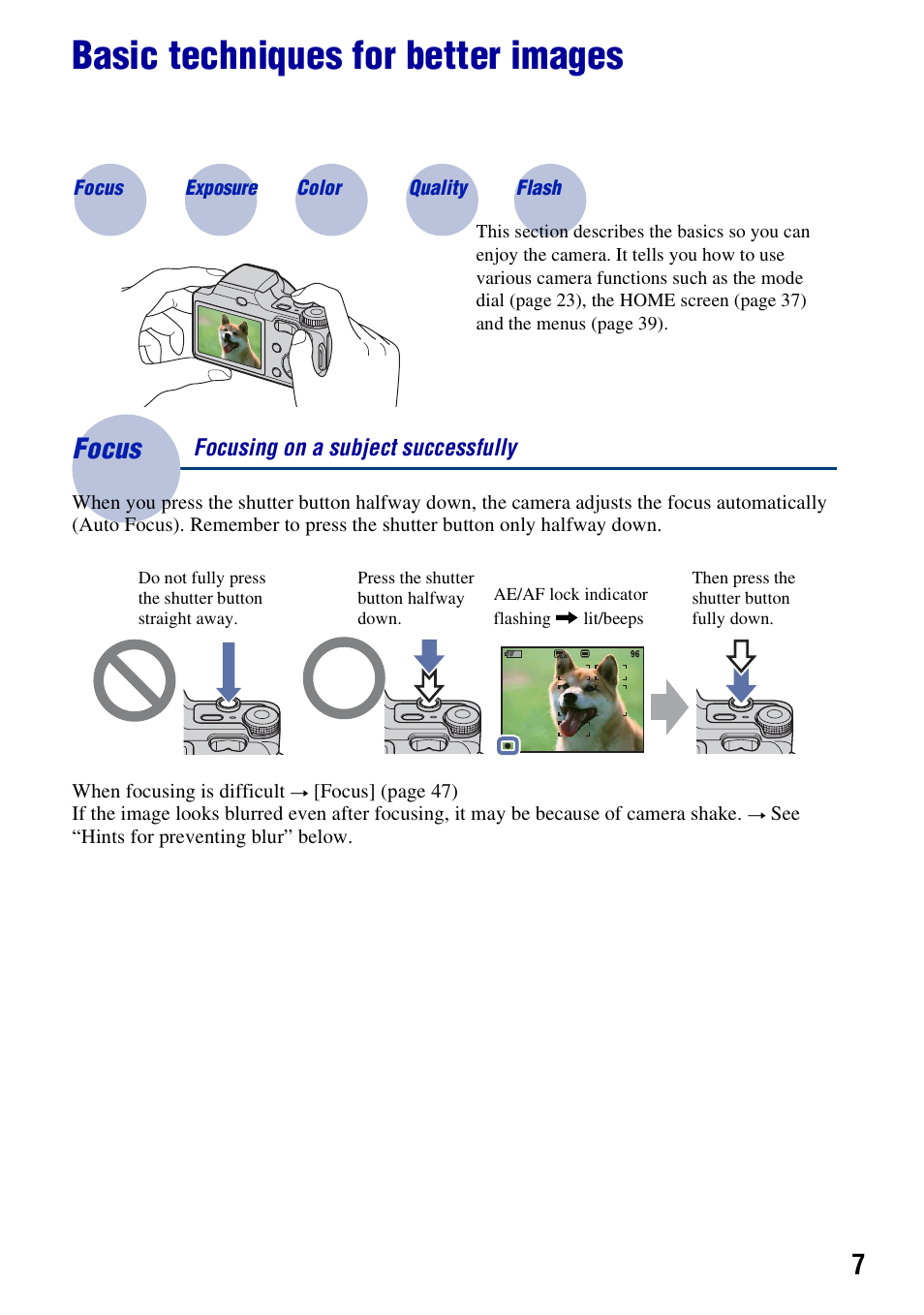 Basic techniques for better images, Focus, Focus – focusing on a subject successfully | Sony DSC-H3 User Manual | Page 7 / 123