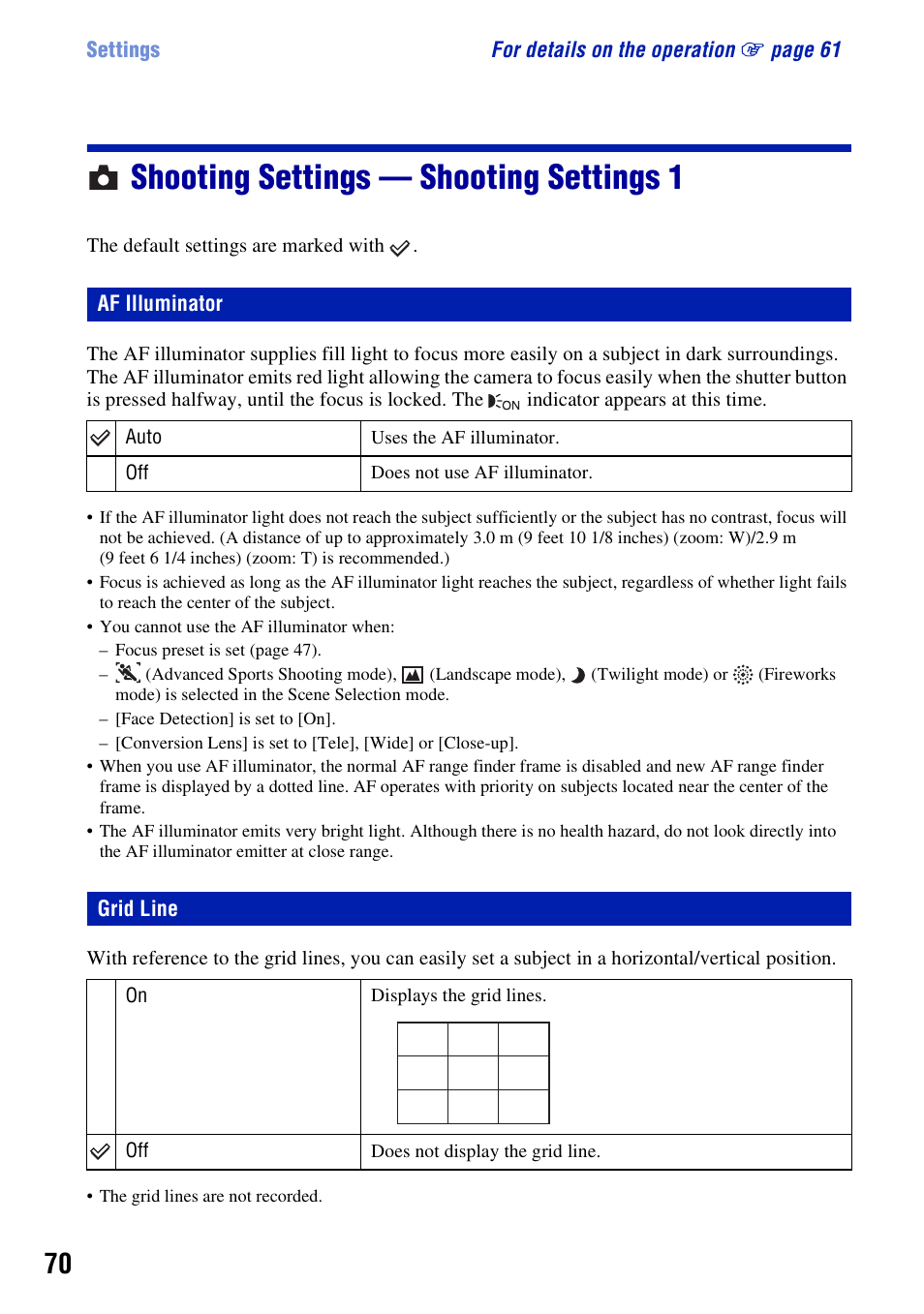 Shooting settings - shooting settings 1, Af illuminator, Grid line | Shooting settings — shooting settings 1, Af illuminator grid line | Sony DSC-H3 User Manual | Page 70 / 123