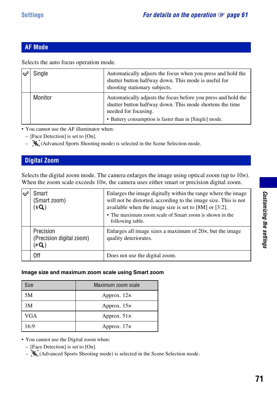 Af mode, Digital zoom | Sony DSC-H3 User Manual | Page 71 / 123